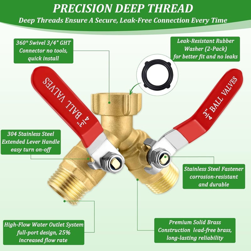 windblowgrass Garden Hose Splitter 2 Way Heavy Duty, Brass Water Hose Splitter with Stainless Steel Long Handle, 3/4 Inch GHT Thread Hose Y Splitter with Shutoff, Faucet Splitter 2 Way with 2 Extra Washers & 1Tape - Image 2